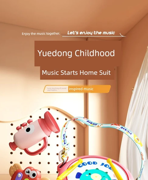Bebek Müzik Aleti Seti - Pembe 5 Parça: Çift Taraflı Davul, El Vuruşlu Davul, Knockout, Kum Çekiç, Korna - 7