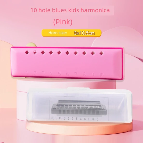 Çocuklar için Armonika - Pembe - 10 Delikli Blues - Saklama Kutulu ve Eğitimli