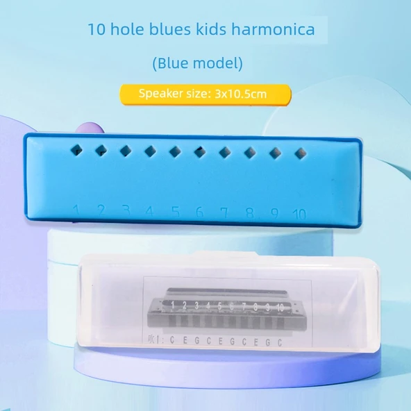 Çocuklar için Armonika - Koyu Mavi - 10 Delikli Blues - Saklama Kutulu ve Eğitimli