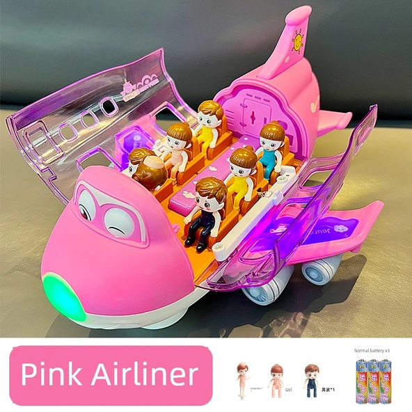 Çocuklar için Elektrikli Oyuncak Uçak - Pembe Uçak (3 Bebekli) - Pilli