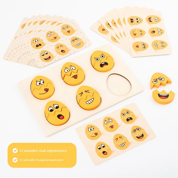 Ahşap Yüz İfade Değiştirme Yumurta Puzzle - Eğlenceli Yumurta, 15 Çift Taraflı Kartlı