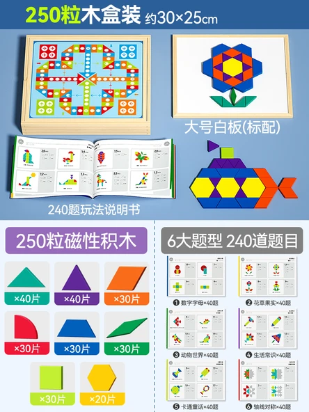 Manyetik Puzzle - Büyük Ahşap Kutu 250 Manyetik Geometrik Blok + 240 Alıştırma Sorusu - 1