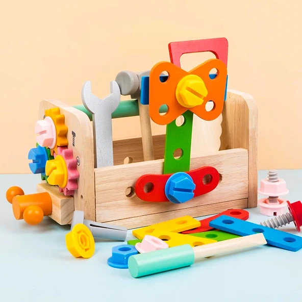 Ahşap Sök Tak Alet Kutusu Oyuncak - Çocuklar İçin Vidalı Somun Puzzle Seti