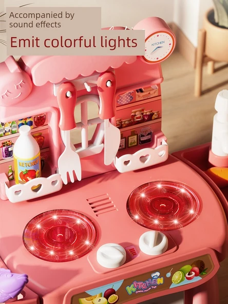 Çocuk Pembe Oyun Evi Mutfak Oyuncak Seti [Lüks, Işıklı, Müzikli, Musluklu] - 4