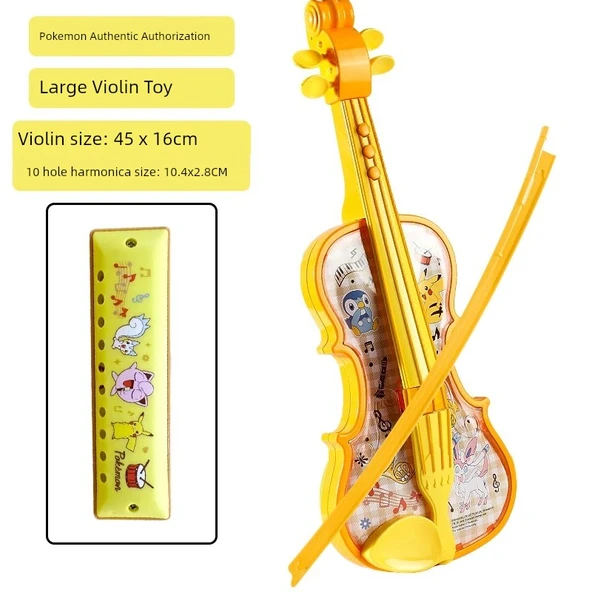 Pikachu Çocuk Müzik Aleti Oyuncak Seti - Pikachu Keman Tuba + 10 Delikli Blues Armonika
