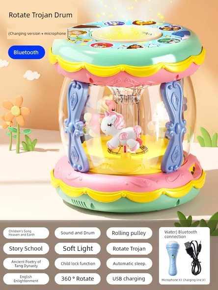 Büyük Boy Dönen Oyuncak El Davulu - Şarjlı + Mikrofonlu + Bluetooth'lu