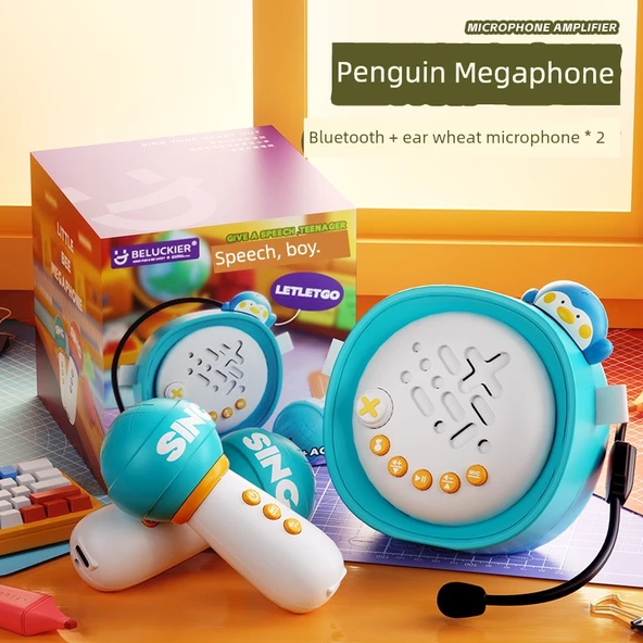 Kulaklık + Çift Mikrofon [Mavi Penguen Hoparlör] Bluetooth Bağlantılı Çocuk Karaoke Mikrofonu