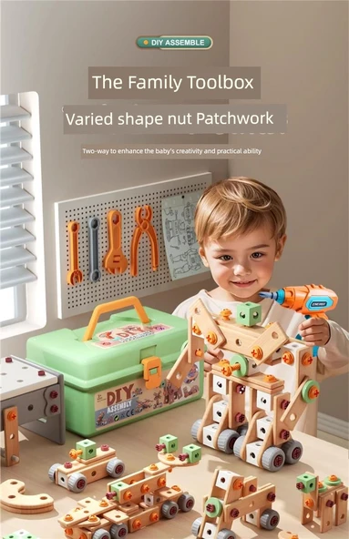 Çocuklar için Eğitici Kendin Yap Montaj Alet Seti - 158 Parça Elektrikli Tornavida Seti (Saklama Kutusu + Şarjlı Matkap) - Resim 8