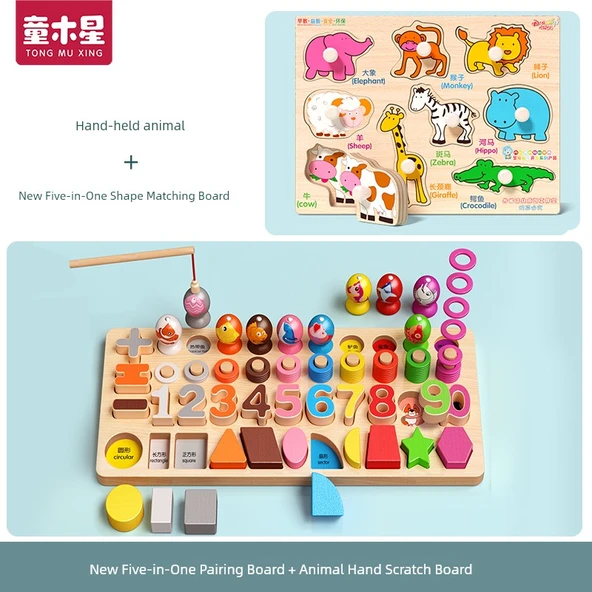 Montessori Sayı Bulmaca Blokları - 5'i 1 Arada +9 Hayvan El Kavrama Tahtası