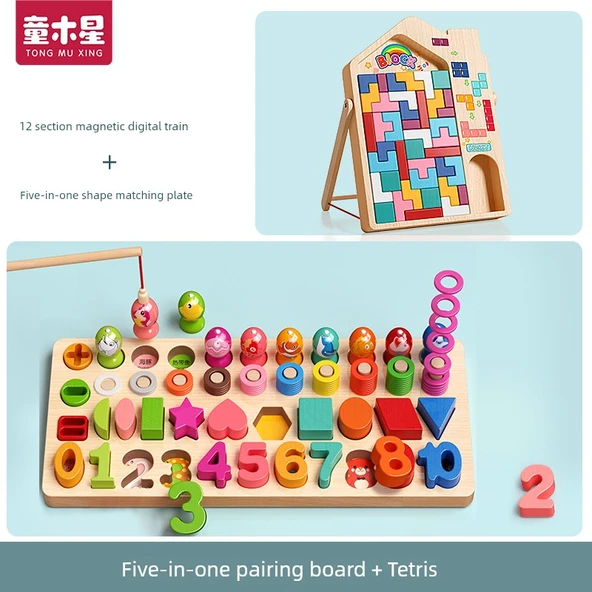 Montessori Sayı Bulmaca Blokları - 5'i 1 Arada + Tetris Ahşap Oyuncak