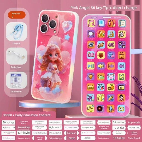 Çocuklar İçin Eğitici Oyuncak Telefon - 36 Tuşlu Prenses Pembe - 60000 İçerik ve Işıklı