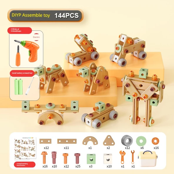 Çocuklar İçin Eğitici Puzzle - 144 Parça - Akülü Elektrikli Tornavidalı ve Saklama Kutulu