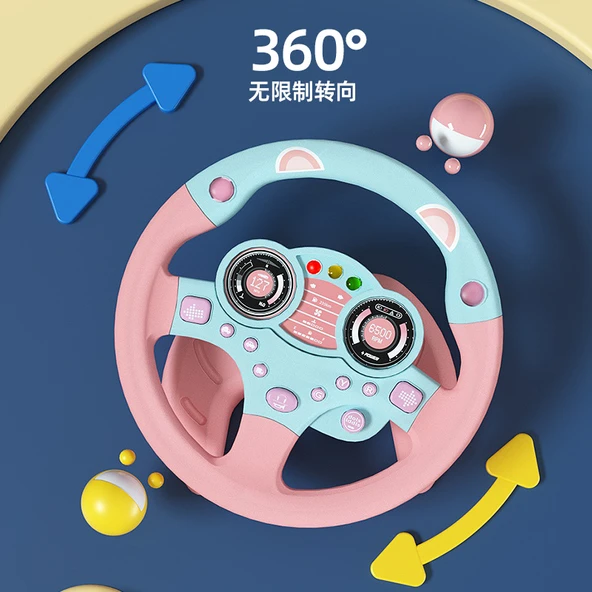 Çocuk Simülasyon Direksiyon Oyuncak - Pembe - Büyük Boy - Erken Eğitim Müzikli - Resim 4