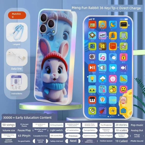 Çocuklar İçin Eğitici Oyuncak Telefon - 36 Tuşlu Sevimli Tavşan - 60000 İçerik ve Işıklı