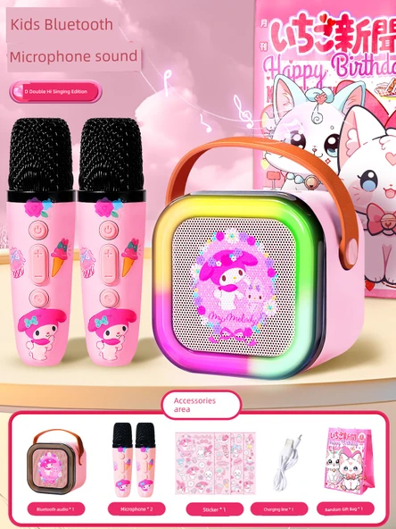 Kablosuz Çocuk Karaoke Mikrofonu - Pembe Çift Mikrofon [Meruti Stickerlı]