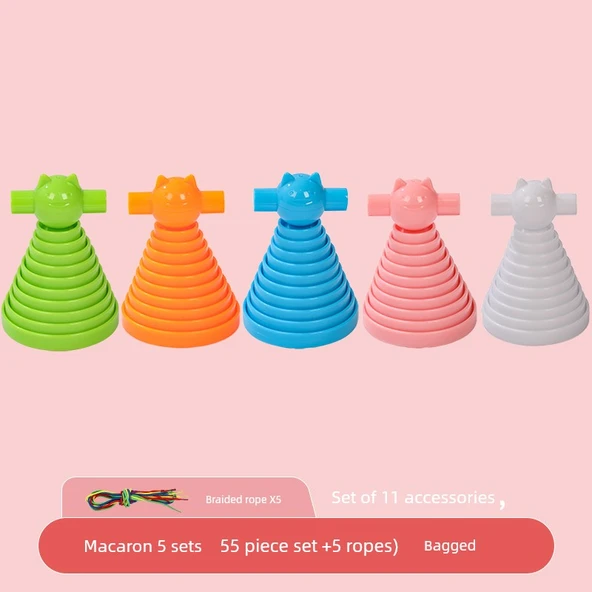 Çocuklar İçin Düğme Dizme Oyuncak Seti - Makaron 5 Renk, 55 Parça + 5 İp (Torba)