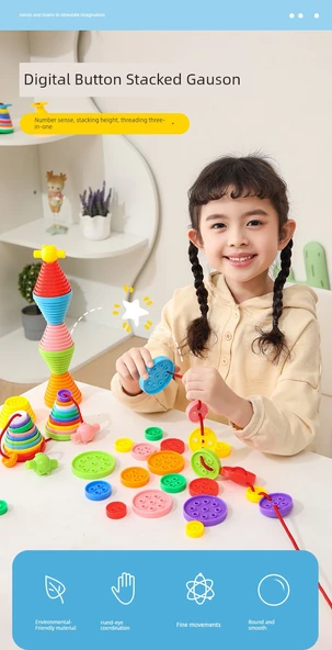 Çocuklar İçin Düğme Dizme Oyuncak Seti - Rastgele Renkler, 80 Parça + 8 İp (Torba) - 8