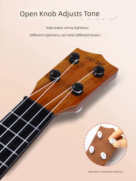 Çocuk Müzik Aleti Oyuncak Ukulele 38cm Yuvarlak Delikli Ahşap Rengi - 5