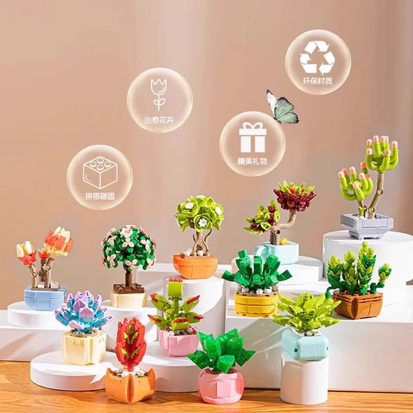 Çiçek Yapı Blokları - Sukulent Saksı Bitki - Mor Şakayık 88 Parça - 5