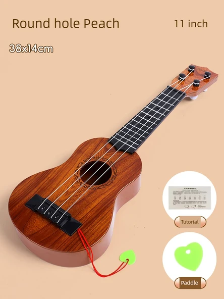 Çocuk Müzik Aleti Oyuncak Ukulele 38cm Yuvarlak Delikli Şeftali Ağacı Rengi