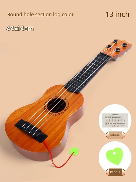 Çocuk Müzik Aleti Oyuncak Ukulele 44cm Yuvarlak Delikli Ahşap Rengi