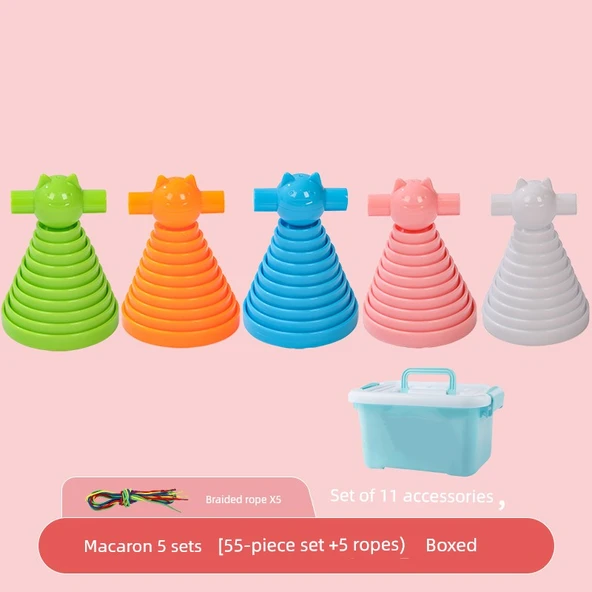 Çocuklar İçin Düğme Dizme Oyuncak Seti - Makaron 5 Renk, 55 Parça + 5 İp (Kutulu)