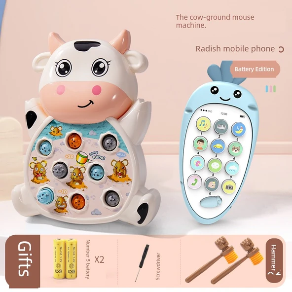 Çocuk Vur-Köstebek Oyuncak Seti - İnek Hamster + Eğitici Telefon Pilli (2 Çekiç)