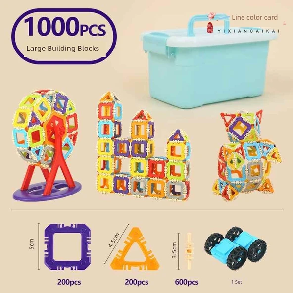 Çocuklar için Eğitici Oyuncak Yapı Blokları - 1000 Parça, Kutulu, Çizimli, Tekerlek ve Dönme Dolap Setli