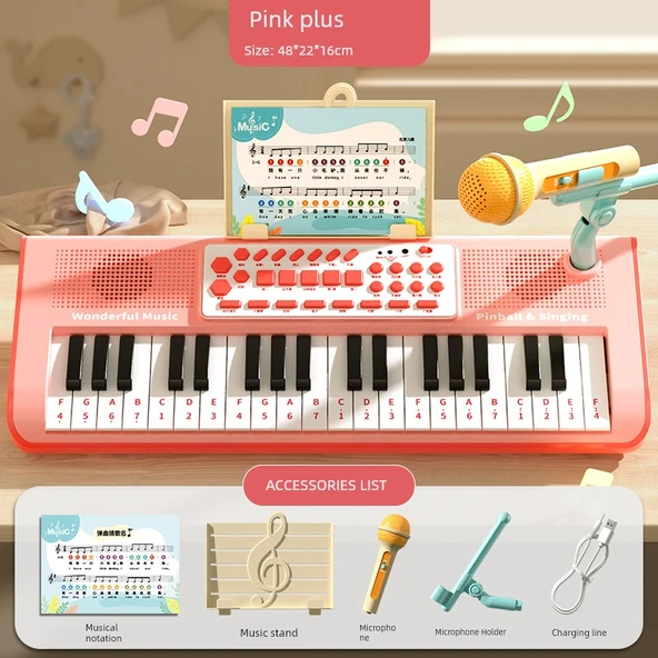 37 Tuşlu Elektronik Klavye - Pembe USB Şarjlı - Müzik Standı, Mikrofon ve Güç Kablosu 48x22x16cm