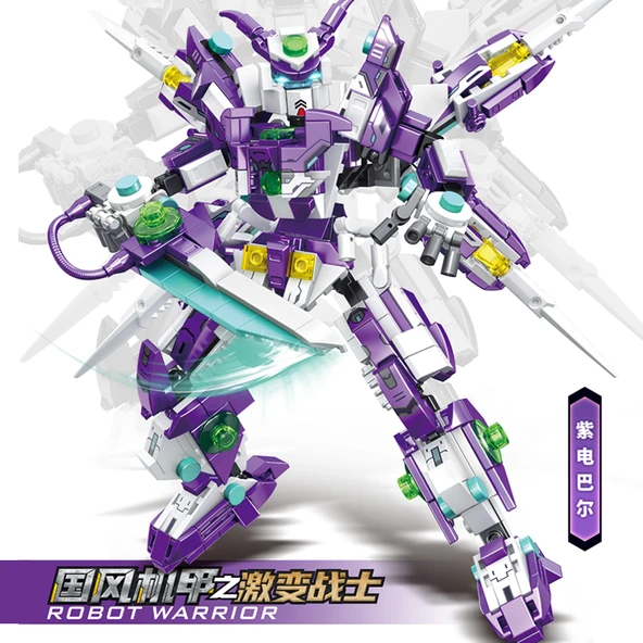 Dönüştürülebilir Mecha Robot Yapı Oyuncak - Mor Elektrikli Barr + Silahlar [525 Parça]