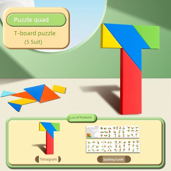 Kayın Ağacı T Şekilli Puzzle - 5 Adet - Renkli Kitapçıklı