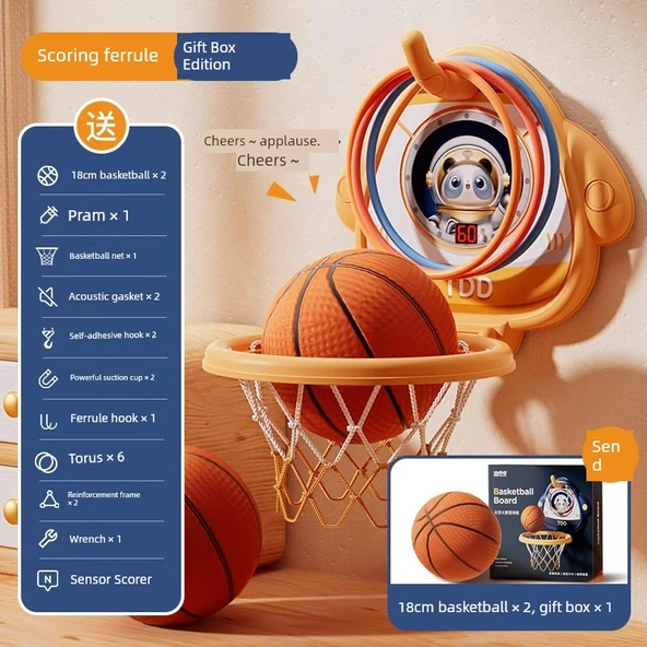 Çocuk Basketbol Potası Oyuncak Seti - Büyük Sarı Halkalı Skorlu Hediye Kutusu (Skorlu + 2 Basketbol + 6 Tur + Pompa + Kanca + Pil)