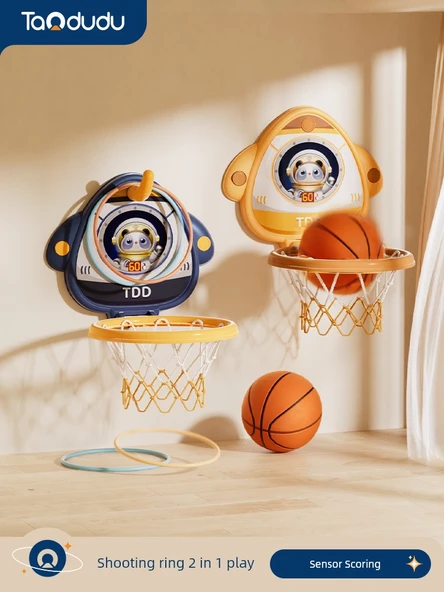 Çocuk Basketbol Potası Oyuncak Seti - Büyük Sarı Halkalı Skorlu Hediye Kutusu (Skorlu + 2 Basketbol + 6 Tur + Pompa + Kanca + Pil) - 2
