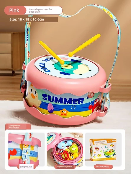 Bebek Müzik Aleti Oyuncak Davul Seti - Pembe Çift Taraflı Davul + 2 Tokmak