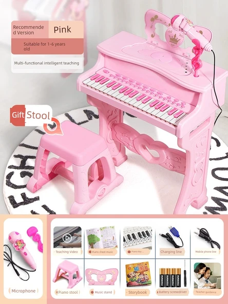 Çocuk Piyano Oyuncak Seti - Pembe - Tabure, Hediye Paketi ve Müzik Kitaplı