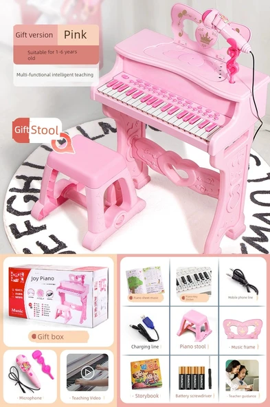 Çocuk Piyano Oyuncak Seti - Pembe - Tabure, Hediye Çantası ve Müzik Kitaplı