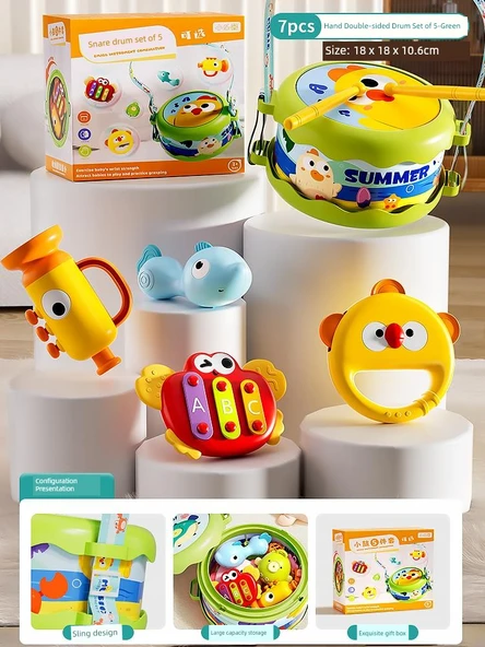 Bebek Müzik Aleti Oyuncak Davul Seti - Yeşil Beş Parça Set
