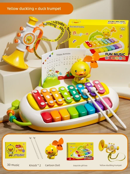Çocuk Mini Piyano Oyuncak - Sarı Ördek Yavrusu Trompet Hediye Seti