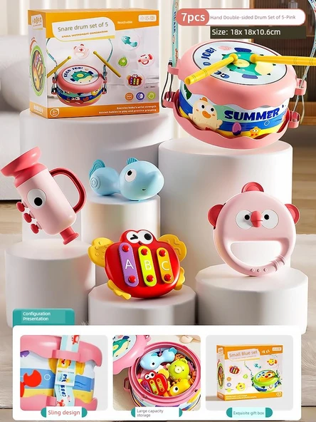 Bebek Müzik Aleti Oyuncak Davul Seti - Pembe Beş Parça Set