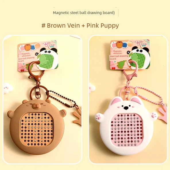 2'li Manyetik Çelik Bilye Çizim Tahtası - Kahverengi Su Maymunu + Pembe Köpek Yavrusu