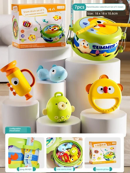 Bebek Müzik Aleti Oyuncak Davul Seti - Yeşil Beş Parça Set (Düşen Oyuncaklı)