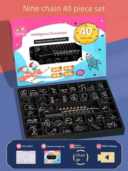 Metal Çin Zeka Oyunu - 40 Parça Kalınlaştırılmış Halka Çözme [Hediyelik Kutu]