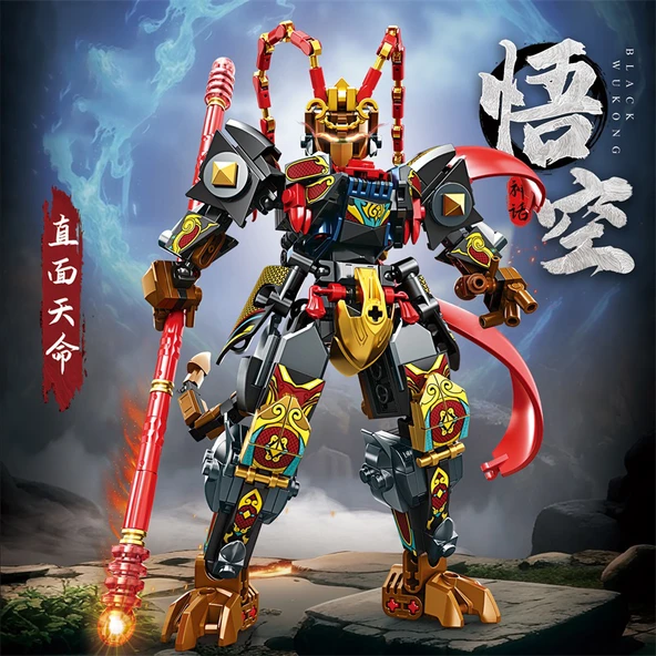 Dönüştürülebilir Mecha Yapı Taşları - Siyah Wukong Mecha Altın Sopalı