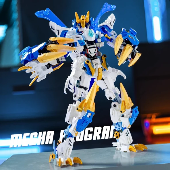 Dönüştürülebilir Mecha Yapı Taşları - Dev Beyaz Kaplan Canavar Ares Mecha Çift Form Lazer Renkli Kutulu