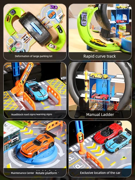 Çocuklar için Puzzle Oyuncak - Üst Versiyon [16 Alaşım Araba + Yol İşaretleri] Lastik Park Yeri - 3