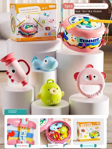 Çocuk Müzik Aleti Oyuncak Seti - Pembe Beşli Set - Çift Taraflı Davul, El Davulu, Bardak, Kum Çekiç, Korna