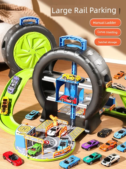 Çocuklar için Puzzle Oyuncak - Standart Versiyon [4 Alaşım Araba + Yol İşaretleri] Lastik Park Yeri - 2