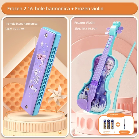 Frozen Temalı Oyuncak Keman ve 16 Delikli Mızıka Seti - Çocuk Müzik Aleti