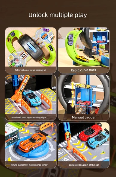 Çocuklar için Puzzle Oyuncak - Standart Versiyon [4 Alaşım Araba + Yol İşaretleri] Lastik Park Yeri - 8