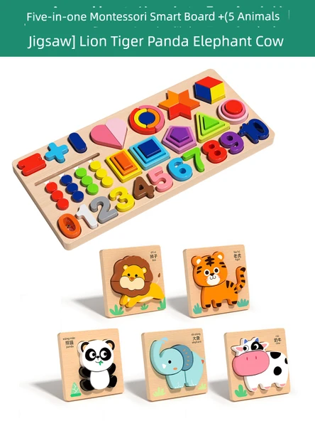 Montessori Erken Eğitim Puzzle - Beş-in-Bir Arada Montessori Akıllı Tahta + [5 Hayvan Puzzle] Aslan Kaplan Panda Fil İnek